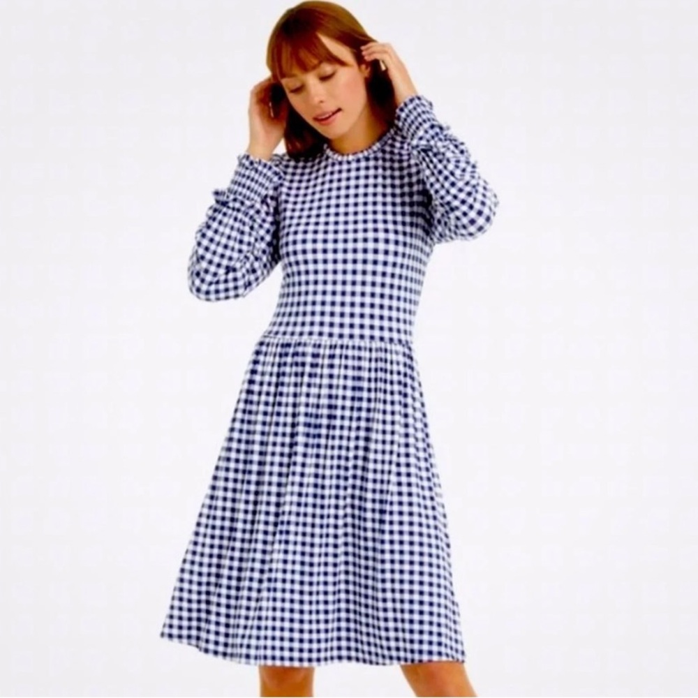 Draper James Kitty Dress in Gingham Long Sleeve Ruffled Neck Smocked Cuff Size S
